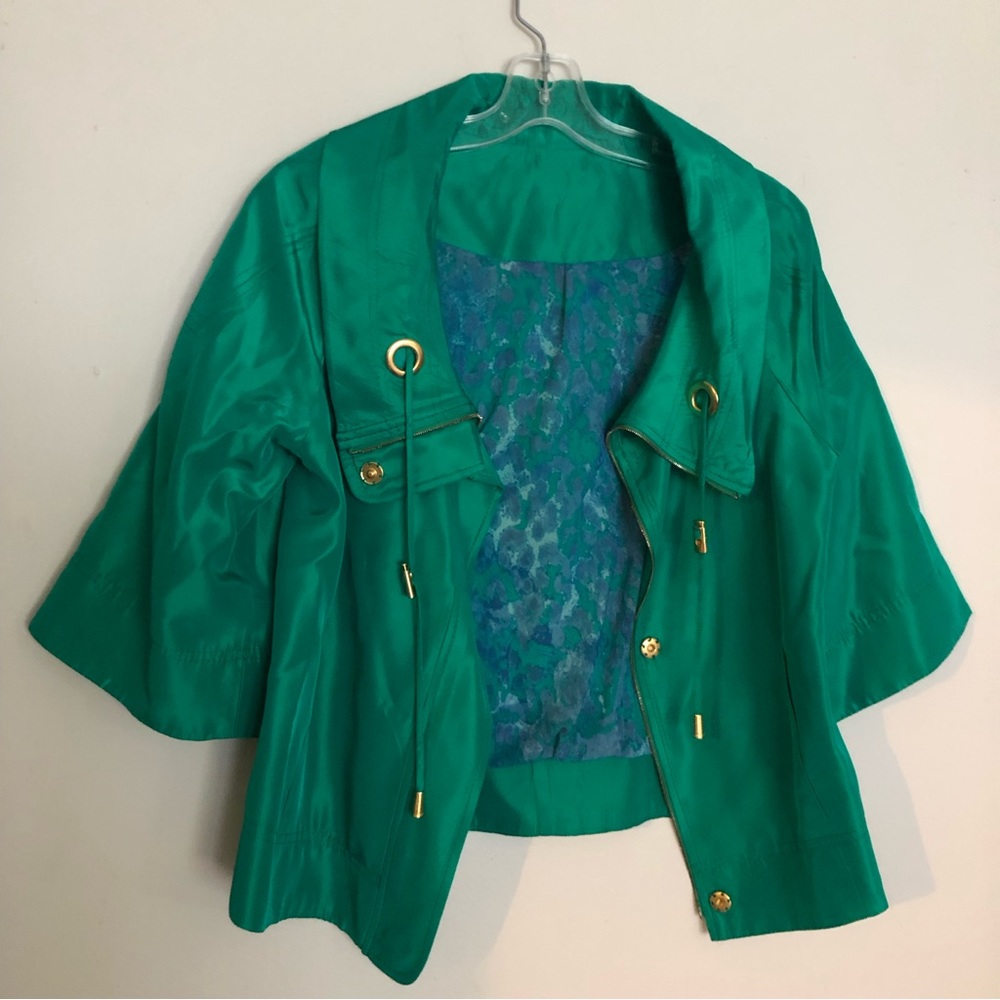 St John Sport Cape Coat Green Gold Accent Size Small Half Sleeve